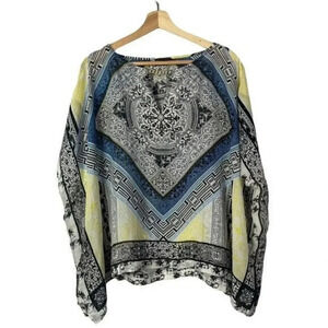 Hale Bob Blue & Yellow Kaftan Boxy Silk Short Sleeve Blouse XS